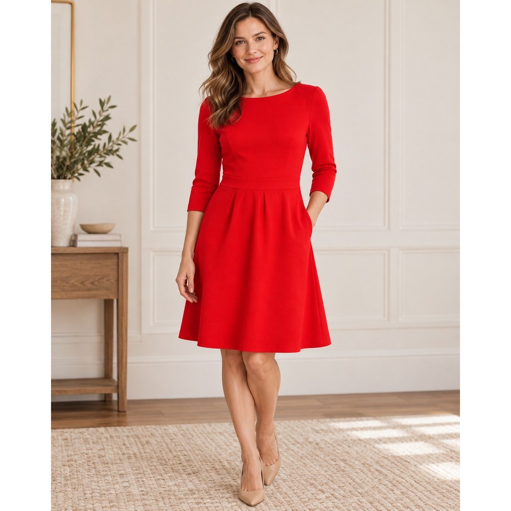Boden Fit and Flare Dress Hot Orange 3/4 Sleeve Textured Cotton WH609 6R